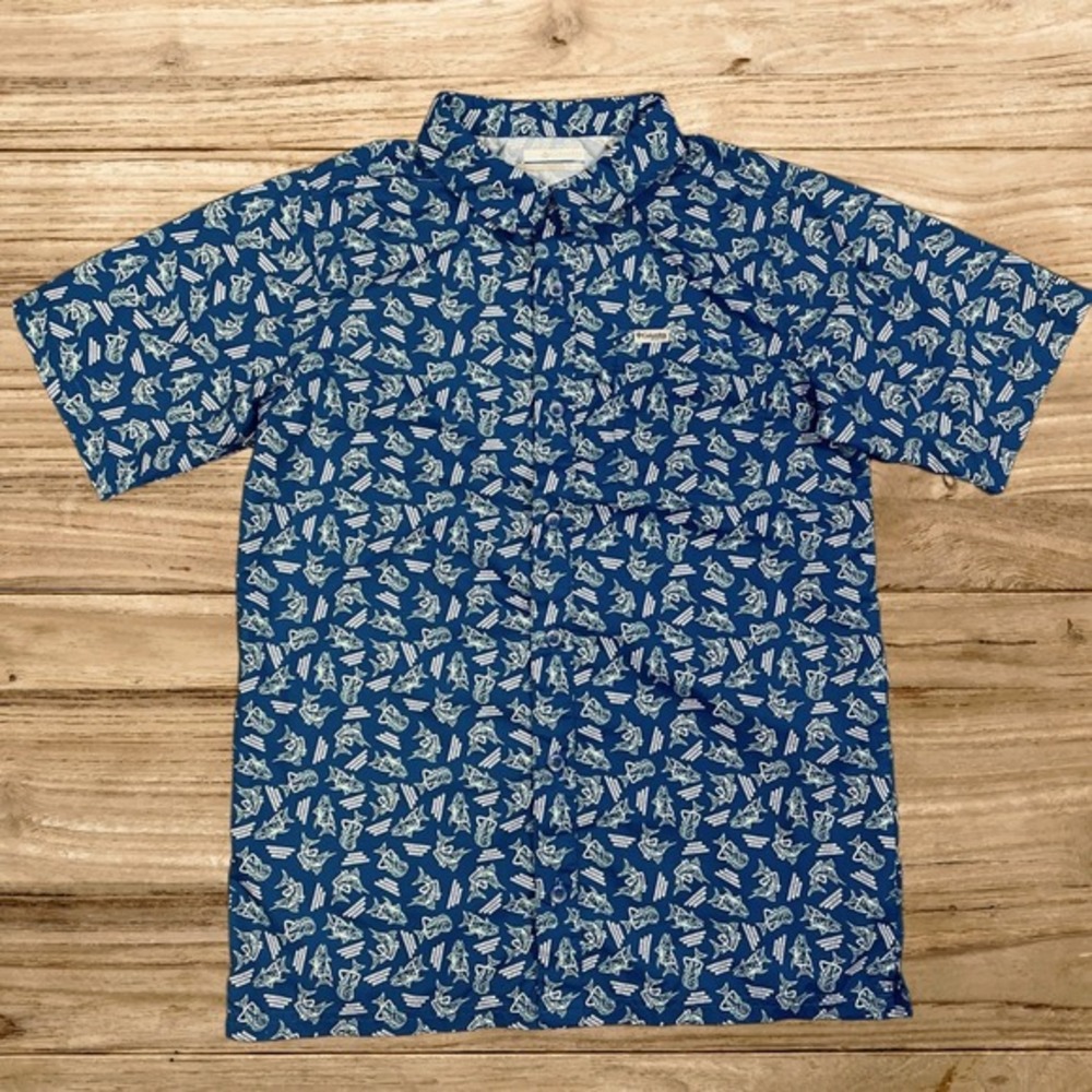 Columbia PFG Mens Boys XL Blue Fish Print Short Sleeve Button Down Fishing Shirt